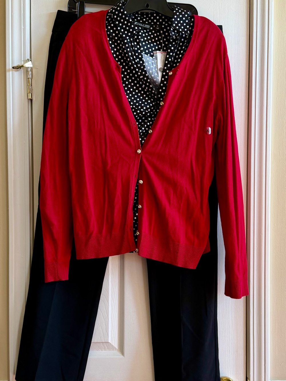 Red Women's Button-Front Cardigan Sweater - w/Black Slacks & Polka Dot Shirt